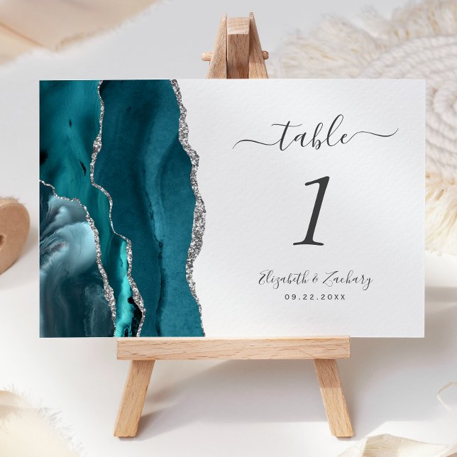 Numeração De Mesa Casamento em Ágata Azul Teal Prata (Criador carregado)