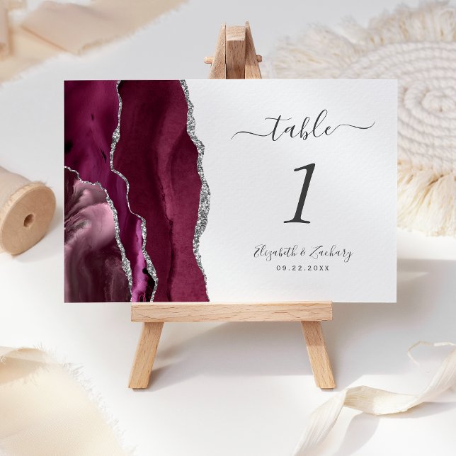 Numeração De Mesa Casamento em Ágata Prata Burgundy Moderna (Criador carregado)
