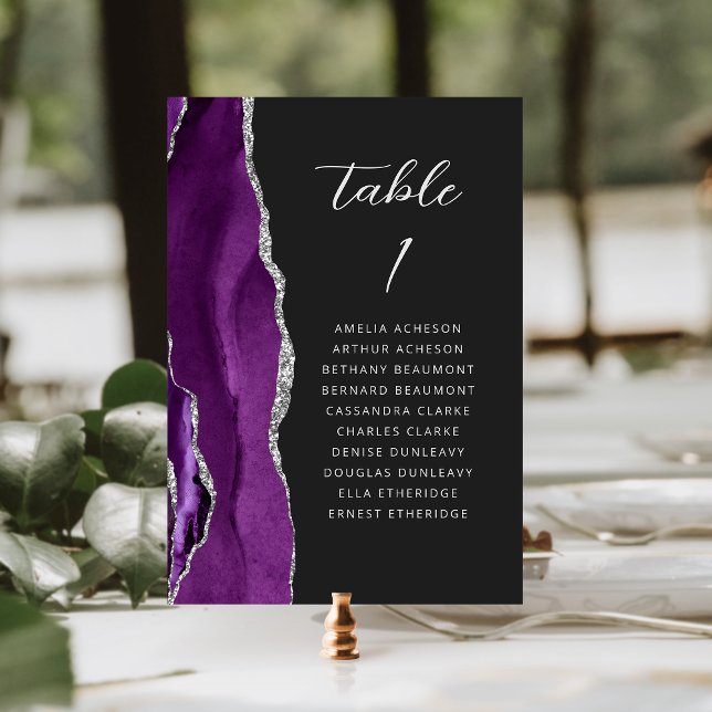Numeração De Mesa Casamento Escuro Agate Purple Silver Modern Script (Criador carregado)