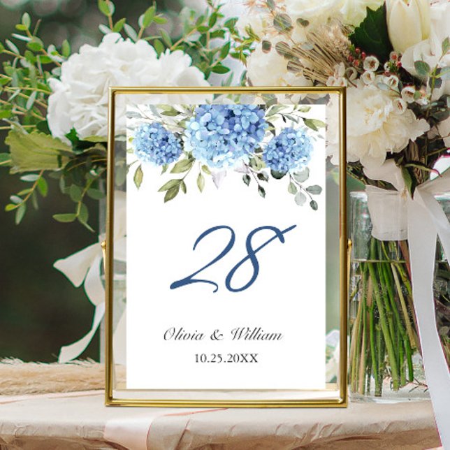 Numeração De Mesa Casamento Eucalyptus com Hydrangea Azul Elegante (Criador carregado)