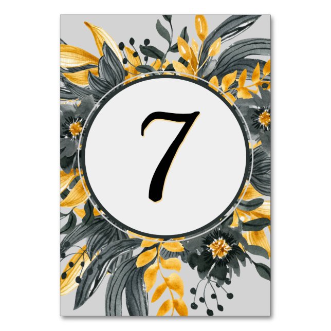 Numeração De Mesa Casamento Floral Amarelo + Cinza em Aquarela Elega (Frente)