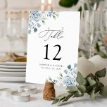 Numeração De Mesa Casamento Floral Azul Elegante Dusty<br><div class="desc">Placas florais elegantes de números de mesas de casamento com o número da mesa, seus nomes e data de casamento com buquês de rosas azuis e brancas poeirentas, hidrangeas, folhas de eucalipto exuberantes e verde. Os números das mesas florais empoeiradas são perfeitos para o seu primavera ou casamento de verão....</div>