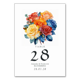 Numeração De Mesa Casamento Floral Azul, Laranja, Amarelo e Vermelho