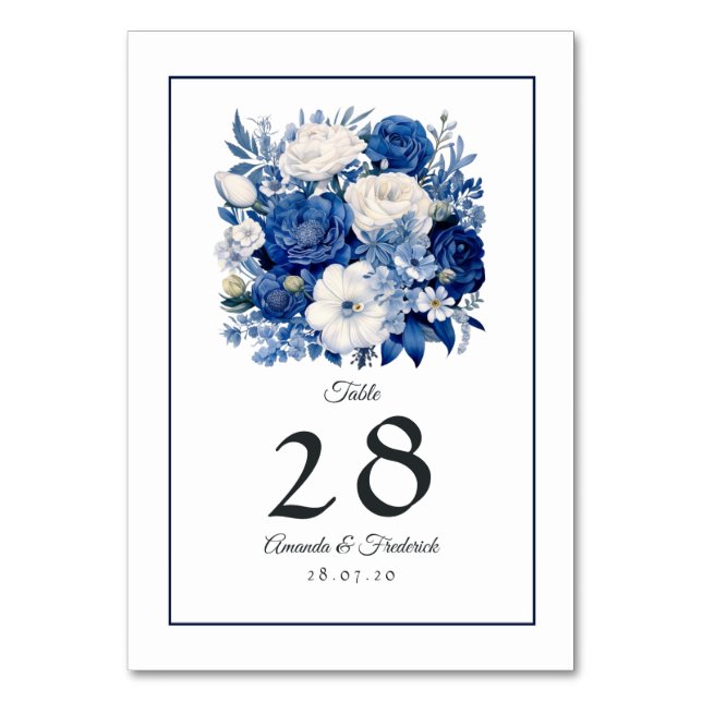 Numeração De Mesa Casamento Floral Azul Marinho e Branco (Frente)