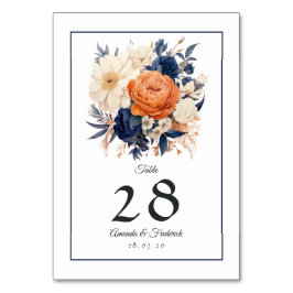 Numeração De Mesa Casamento Floral Azul Marinho, Laranja Queimada e 