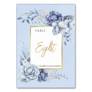 Numeração De Mesa Casamento Floral Azul Pó, Destaque Dourado Elegant