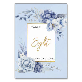 Numeração De Mesa Casamento Floral Azul Pó, Destaque Dourado Elegant