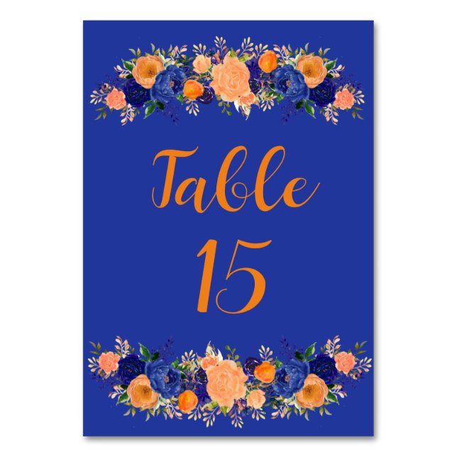 Numeração De Mesa Casamento Floral Botânico marinho Azul e Laranja (Frente)