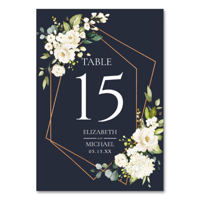 Numeração De Mesa Casamento Floral Branco Azul Geométrico de Cobre (Frente)