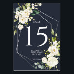 Numeração De Mesa Casamento Floral Branco Azul Marinho Geométrico<br><div class="desc">Moderna e moderna,  este design de número de tabela apresenta uma fina folha de alumínio prateado geométrica embelezada com uma cor d'água eucalipto verde e arranjos florais brancos,  sobre um fundo azul marinho moderno. Copyright Elegant Invites,  todos os direitos reservados.</div>