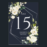 Numeração De Mesa Casamento Floral Branco Azul Marinho Geométrico<br><div class="desc">Moderna e moderna,  este design de número de tabela apresenta uma fina folha de alumínio prateado geométrica embelezada com uma cor d'água eucalipto verde e arranjos florais brancos,  sobre um fundo azul marinho moderno. Copyright Elegant Invites,  todos os direitos reservados.</div>