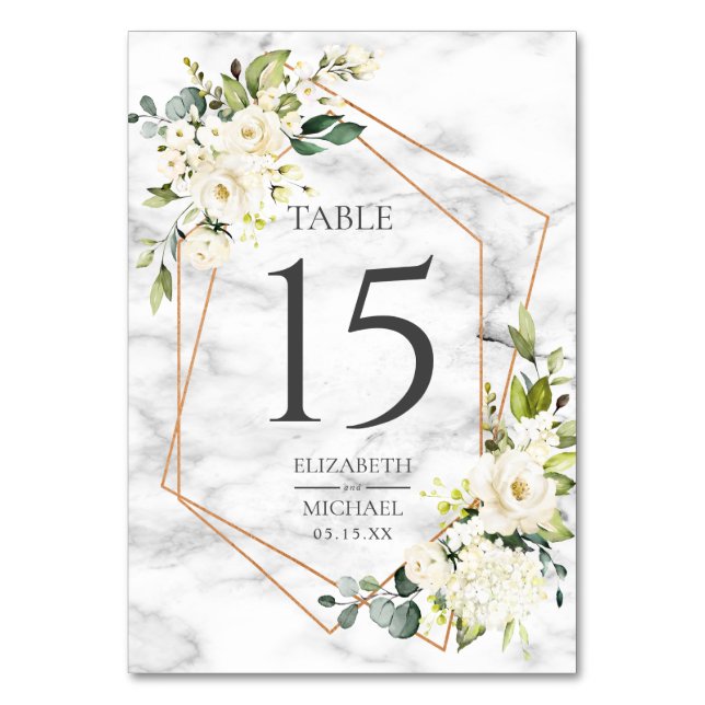 Numeração De Mesa Casamento Floral Branco Marble Geométrico de Cobre (Frente)