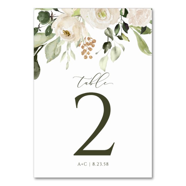 Numeração De Mesa Casamento Floral Branco Verde Botânico Dourado (Frente)