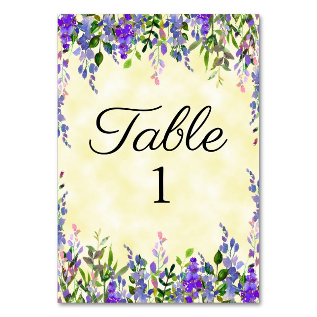 Numeração De Mesa Casamento Floral com Aquarela Amarela Roxa (Frente)