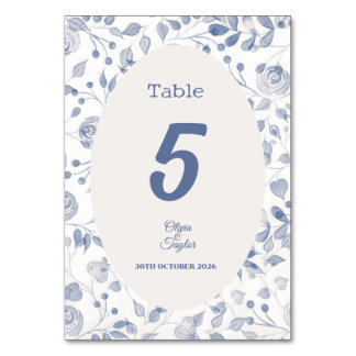 Numeração De Mesa Casamento Floral com Aquarela Azul Desbotada