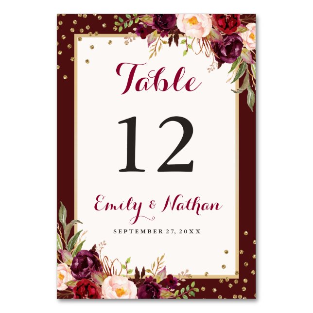 Numeração De Mesa Casamento Floral Confete Dourado Borgonha (Frente)