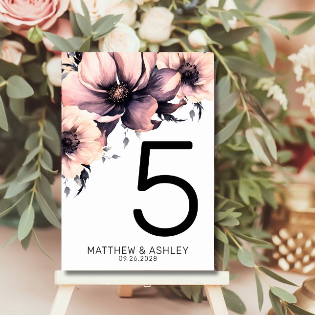 Numeração De Mesa Casamento Floral Cor-de-Rosa Blush Moderno (Modern Elegant Floral Blush Pink Wedding Table Number)