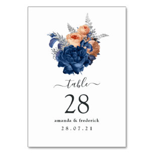 Numeração De Mesa Casamento Floral Coral, Azul Marinho e Prata