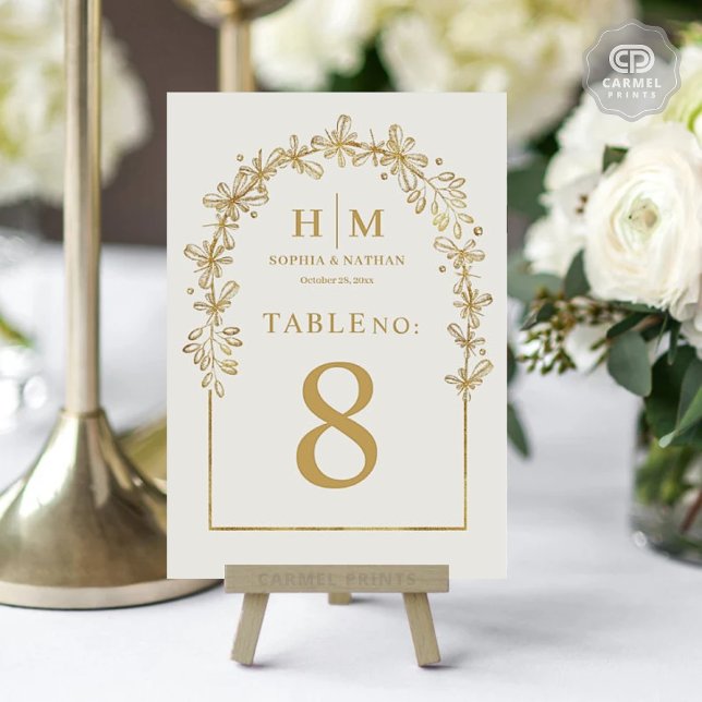 Numeração De Mesa Casamento Floral das Flores Douradas Brancas Elega (Elegant White Gold Flowers Floral Wedding Table Number)