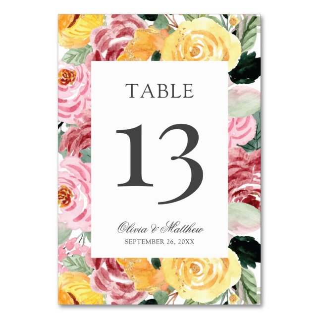 Numeração De Mesa Casamento Floral de Aquarela Elegante (Frente)