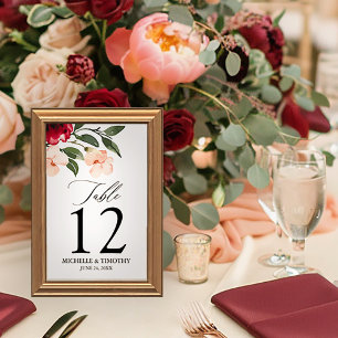 Numeração De Mesa Casamento Floral de Blush Watercolor Burgundy Eleg