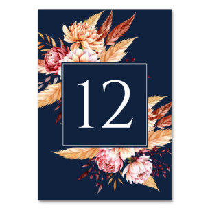 Numeração De Mesa Casamento Floral de Boho Azul-Marinho Elegante