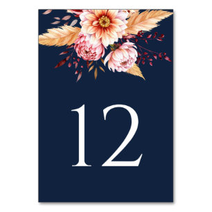 Numeração De Mesa Casamento Floral de Boho Azul-Marinho Elegante