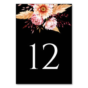 Numeração De Mesa Casamento Floral de Boho Negro Elegante