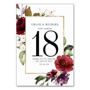 Numeração De Mesa Casamento Floral de Burgundy Red Watercolor