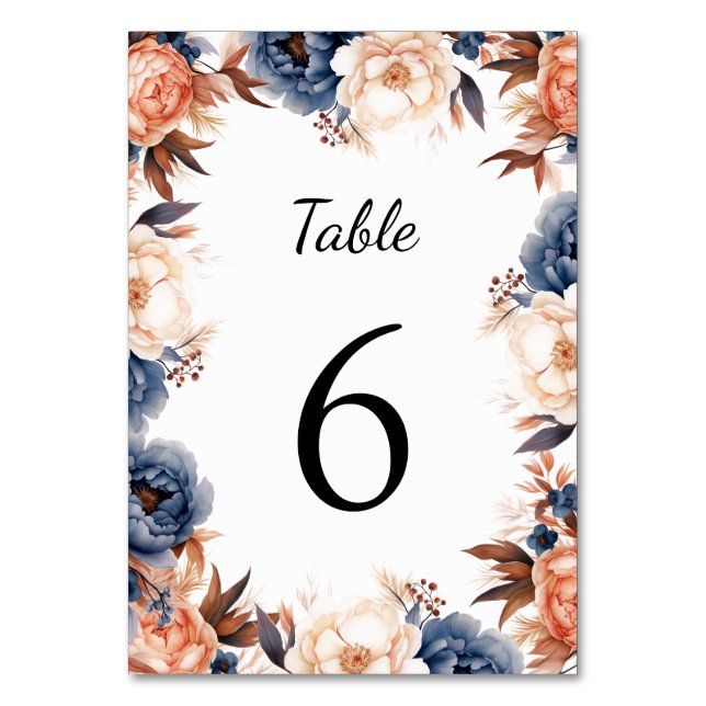 Numeração De Mesa Casamento floral de cor azul Dusty & Terracotta (Frente)