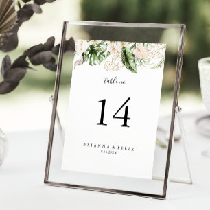 Numeração De Mesa Casamento Floral de Folhagem Tropical Dourada