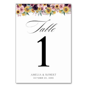 Numeração De Mesa Casamento Floral de Girassol Borgonha Rosa Elegant