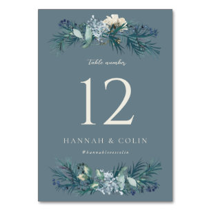 Numeração De Mesa Casamento Floral de Inverno em Azul Cinza Desbotad