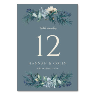Numeração De Mesa Casamento Floral de Inverno em Azul Cinza Desbotad