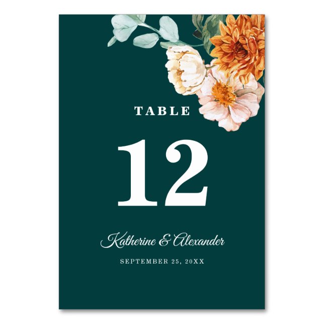 Numeração De Mesa Casamento Floral de Laranja Queimado com Teal Escu (Frente)