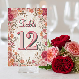 Numeração De Mesa Casamento Floral de Primavera Vintage Rosa e Verme