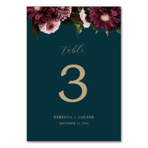 Numeração De Mesa Casamento Floral de Teal Burgundy Escuro Elegante
