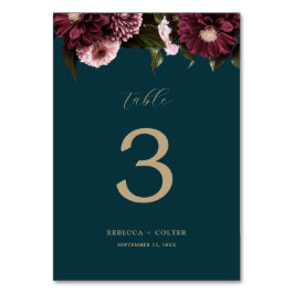 Numeração De Mesa Casamento Floral de Teal Burgundy Escuro Elegante