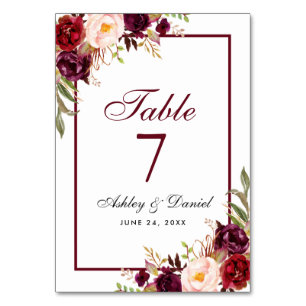 Numeração De Mesa Casamento Floral de Watercolor Burgundy