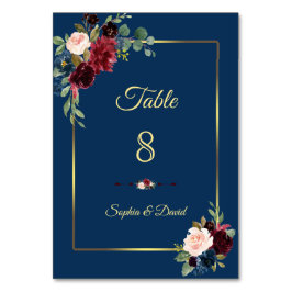 Numeração De Mesa Casamento Floral Dourado Azul Marinho Borgonha