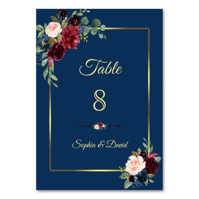 Numeração De Mesa Casamento Floral Dourado Azul Marinho Borgonha (Frente)