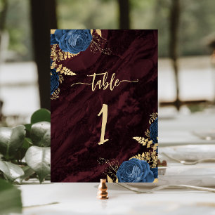 Numeração De Mesa Casamento Floral Dourado Azul Marinho Burgundy