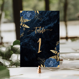 Numeração De Mesa Casamento Floral Dourado Azul-Marinho Elegante