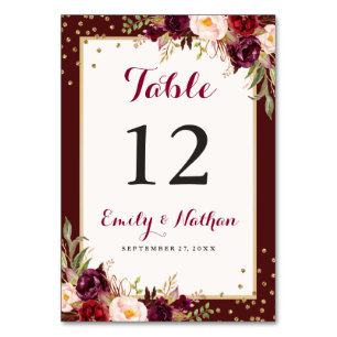 Numeração De Mesa Casamento Floral Dourado de Borgonha Confetti