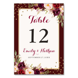 Numeração De Mesa Casamento Floral Dourado de Borgonha Confetti