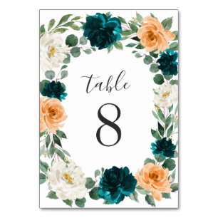 Numeração De Mesa Casamento Floral Elegante Azul-Turquesa-Laranja
