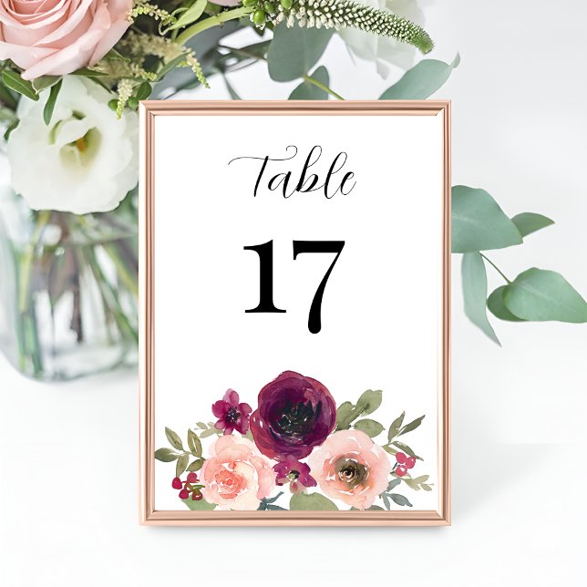 Numeração De Mesa Casamento Floral Elegante Burgundy Watercolor (Criador carregado)