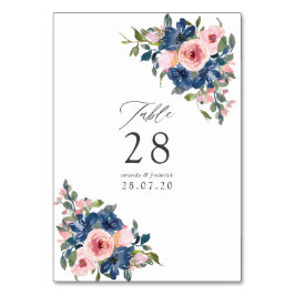 Numeração De Mesa Casamento Floral em Aquarela Azul Marinho e Rosa