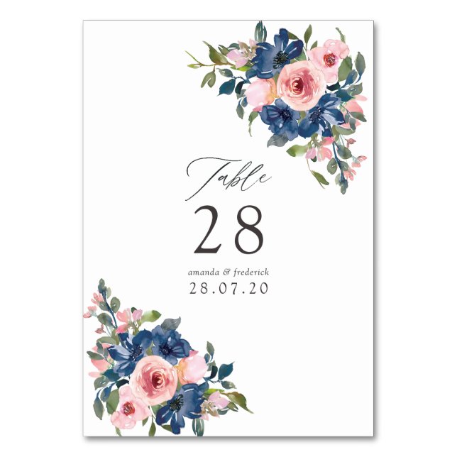 Numeração De Mesa Casamento Floral em Aquarela Azul Marinho e Rosa C (Frente)