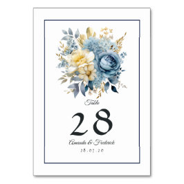 Numeração De Mesa Casamento Floral em Azul Poente e Dourado